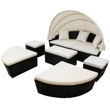 Load image into Gallery viewer, Outdoor rattan daybed sunbed with Retractable Canopy Wicker Furniture, Round Outdoor Sectional Sofa Set, black Wicker Furniture Clamshell Seating with Washable Cushions, Backyard, Porch, Beige.