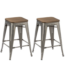 Load image into Gallery viewer, 24" inch Metal Vintage Gunmetal Distressed Bar Stool Modern Wood top seat- 2