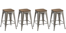 Load image into Gallery viewer, 24" Metal Antique Brush Distressed Counter BarStool Wood seat (Set of 4)