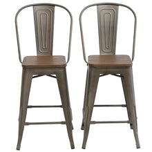 Load image into Gallery viewer, 24" Metal Antique Rustic Counter height Bar Stool Chair High Back Wood seat Set of 2