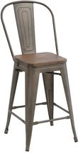 Load image into Gallery viewer, 24" Metal Antique Rustic Counter height Bar Stool Chair High Back Wood seat Set of 2