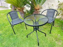 Load image into Gallery viewer, BTExpert Indoor Outdoor 23.75" Round Tempered Glass Metal Table + 2 Black Restaurant Rattan Stack Chairs