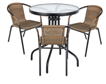 Load image into Gallery viewer, BTExpert Indoor Outdoor 23.75" Round Tempered Glass Metal Table + 3 Brown Restaurant Rattan Stack Chairs