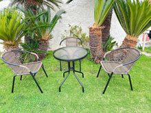 Load image into Gallery viewer, BTExpert Indoor Outdoor 23.75" Round Tempered Glass Metal Table + 3 Brown Restaurant Rattan Stack Chairs