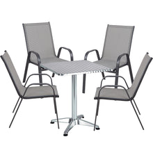 Load image into Gallery viewer, BTExpert Indoor Outdoor 23.75" Square Restaurant Table Stainless Steel Silver Aluminum + 4 Gray Flexible Sling Stack Chairs Commercial Lightweight