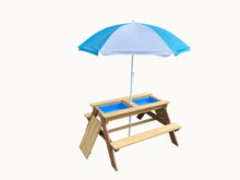 Load image into Gallery viewer, BTExpert Kids 3-in-1 Sand Water Activity Table Wooden Outdoor Convertible Picnic Table Bench Adjustable Umbrella Removable Top 2 Play Boxes Toy Set 37 x 35 in