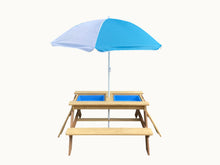 Load image into Gallery viewer, BTExpert Kids 3-in-1 Sand Water Activity Table Wooden Outdoor Convertible Picnic Table Bench Adjustable Umbrella Removable Top 2 Play Boxes Toy Set 37 x 35 in