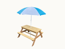Load image into Gallery viewer, BTExpert Kids 3-in-1 Sand Water Activity Table Wooden Outdoor Convertible Picnic Table Bench Adjustable Umbrella Removable Top 2 Play Boxes Toy Set 37 x 35 in