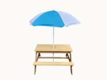 Load image into Gallery viewer, BTExpert Kids 3-in-1 Sand Water Activity Table Wooden Outdoor Convertible Picnic Table Bench Adjustable Umbrella Removable Top 2 Play Boxes Toy Set 37 x 35 in
