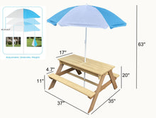 Load image into Gallery viewer, BTExpert Kids 3-in-1 Sand Water Activity Table Wooden Outdoor Convertible Picnic Table Bench Adjustable Umbrella Removable Top 2 Play Boxes Toy Set 37 x 35 in