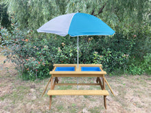 Load image into Gallery viewer, BTExpert Kids 3-in-1 Sand Water Activity Table Wooden Outdoor Convertible Picnic Table Bench Adjustable Umbrella Removable Top 2 Play Boxes Toy Set 37 x 35 in