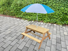 Load image into Gallery viewer, BTExpert Kids 3-in-1 Sand Water Activity Table Wooden Outdoor Convertible Picnic Table Bench Adjustable Umbrella Removable Top 2 Play Boxes Toy Set 37 x 35 in