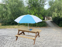 Load image into Gallery viewer, BTExpert Kids 3-in-1 Sand Water Activity Table Wooden Outdoor Convertible Picnic Table Bench Adjustable Umbrella Removable Top 2 Play Boxes Toy Set 37 x 35 in
