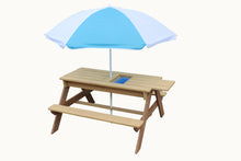 Load image into Gallery viewer, BTExpert Kids 3-in-1 Sand Water Activity Table Wooden Outdoor Convertible Picnic Table Bench Adjustable Umbrella Removable Top 2 Play Boxes Toy Set 37 x 35 in