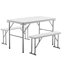 Load image into Gallery viewer, 3-Piece set Plastic Portable Folding Beer Picnic Table & two Benches Seats foldable Carrying Handle Heavy Duty White Party RV Patio Dining Event Camping Outdoor Activity Commercial Family Home Garden
