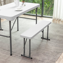 Load image into Gallery viewer, 3-Piece set Plastic Portable Folding Beer Picnic Table & two Benches Seats foldable Carrying Handle Heavy Duty White Party RV Patio Dining Event Camping Outdoor Activity Commercial Family Home Garden