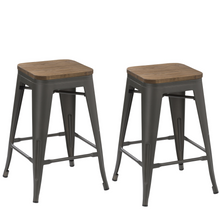 Load image into Gallery viewer, 24" Metal Vintage Antique Gunmetal Counter Bar Stool Handmade Wood top Set of 4