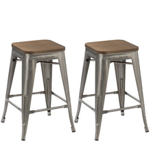Load image into Gallery viewer, 24" Metal Antique Brush Distressed Counter BarStool Wood seat (Set of 4)