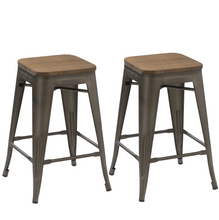 Load image into Gallery viewer, 24" Antique Bronze Distressed Metal Barstools Handmade Wood top Stool