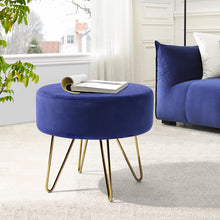 Load image into Gallery viewer, 17.7" Dark Blue and Gold Decorative Round Shaped Ottoman with Metal Legs