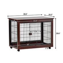 Load image into Gallery viewer, 39” Length Furniture Style Pet Dog Crate Cage End Table with Wooden Structure and Iron Wire and Lockable Caters, Medium and Large Dog House Indoor Use.