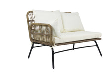 Load image into Gallery viewer, 3PCS Outdoor Patio Balcony L Shape Natural Color Wicker Sofa Set with Beige Cushion And Round Tempered Glass Table
