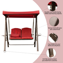 Load image into Gallery viewer, 2-Seat Outdoor Patio Porch Swing Chair, Adjustable Canopy Swing Glider with Weather Resistant Steel Frame, Adjustable Tilt Canopy,Removable Cushions and Pillow Included for Backyard,Red