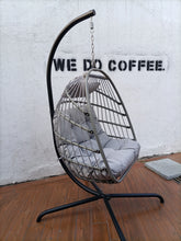 Load image into Gallery viewer, Swing Egg Chair with Stand Indoor Outdoor Wicker Rattan Patio Basket Hanging Chair with C Type bracket , with cushion and pillow,Patio Wicker folding Hanging Chair