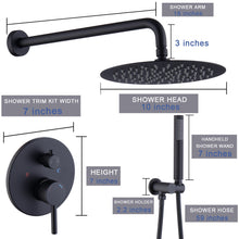 Load image into Gallery viewer, Shower System Shower Faucet Combo Set Wall Mounted with 10" Rainfall Shower Head and handheld shower faucet, Matte Black Finish with Brass Valve Rough-In