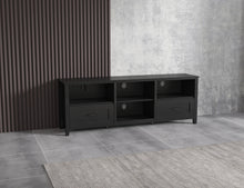 Load image into Gallery viewer, 70.08 Inch Length Black TV Stand for Living Room and Bedroom, with 2 Drawers and 4 High-Capacity Storage Compartment.