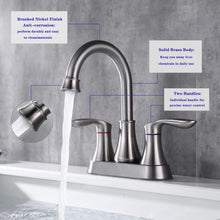 Load image into Gallery viewer, 2-Handle 4-Inch Brushed Nickel Bathroom Faucet, Bathroom Vanity Sink Faucets with Pop-up Drain and Supply Hoses