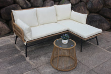 Load image into Gallery viewer, 3PCS Outdoor Patio Balcony L Shape Natural Color Wicker Sofa Set with Beige Cushion And Round Tempered Glass Table