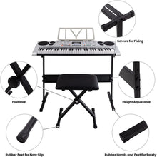 Load image into Gallery viewer, 61 Keys Electronic Keyboards Portable Piano Keyboard for Beginners Set with Full Size Lighted Keys, Built-In Speakers, Microphone, OTG Cable, Music Stand, Keyboard Stand and Bench, Silver