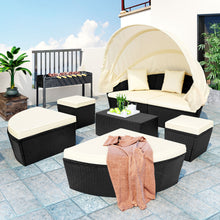 Load image into Gallery viewer, Outdoor rattan daybed sunbed with Retractable Canopy Wicker Furniture, Round Outdoor Sectional Sofa Set, black Wicker Furniture Clamshell Seating with Washable Cushions, Backyard, Porch, Beige.