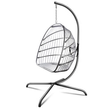 Load image into Gallery viewer, Swing Egg Chair with Stand Indoor Outdoor Wicker Rattan Patio Basket Hanging Chair with C Type bracket , with cushion and pillow,Patio Wicker folding Hanging Chair