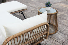 Load image into Gallery viewer, 3PCS Outdoor Patio Balcony L Shape Natural Color Wicker Sofa Set with Beige Cushion And Round Tempered Glass Table