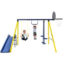 Load image into Gallery viewer, 5 in 1 Outdoor Tolddler Swing Set for Backyard, Playground Swing Sets with Steel Frame, Swing n\' Silde Playset for Kids with Seesaw Swing, Basketball Hoop