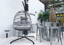 Load image into Gallery viewer, Swing Egg Chair with Stand Indoor Outdoor Wicker Rattan Patio Basket Hanging Chair with C Type bracket , with cushion and pillow,Patio Wicker folding Hanging Chair