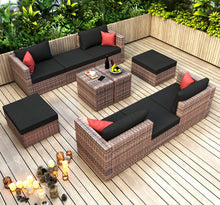Load image into Gallery viewer, 10 Pieces Outdoor Patio Garden Brown Wicker Sectional Conversation Sofa Set with Black Cushions and Red Pillows,w/ Furniture Protection Cover