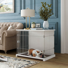 Load image into Gallery viewer, 34" Length Elegant Wooden Structure White Dog Cage Crate, End Table with movable salver, Decorative Dog House Cage Indoor Use, Furniture style, with wide table top.