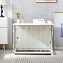 Load image into Gallery viewer, 34" Length Elegant Wooden Structure White Dog Cage Crate, End Table with movable salver, Decorative Dog House Cage Indoor Use, Furniture style, with wide table top.