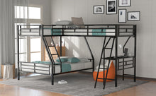 Load image into Gallery viewer, Twin over Full Bunk Bed with a Twin Size Loft Bed attached, with a Desk, Metal, Black