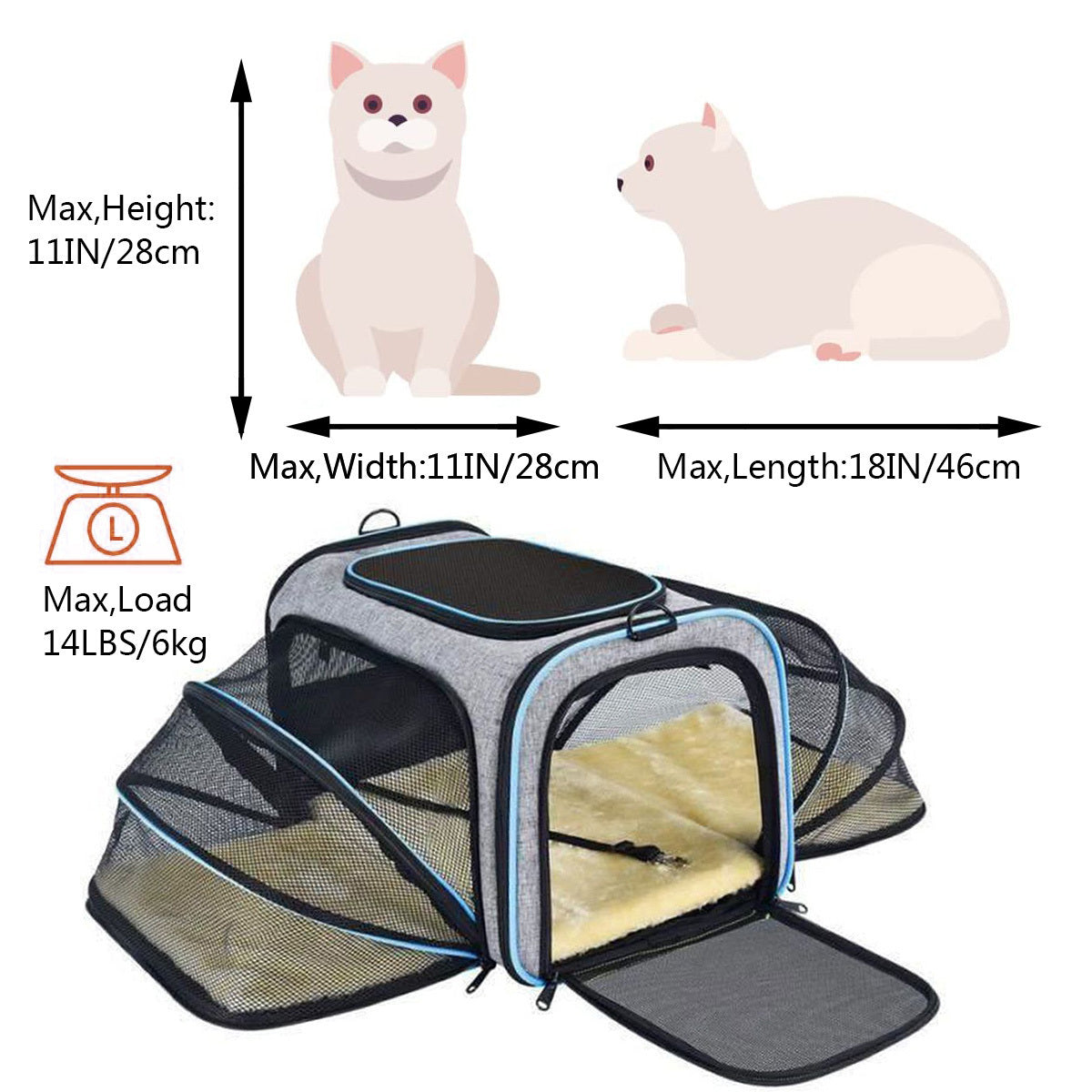 Top Load Cat Carrier Bag for Medium Cats and Small Dogs Airline