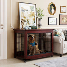 Load image into Gallery viewer, 39” Length Furniture Style Pet Dog Crate Cage End Table with Wooden Structure and Iron Wire and Lockable Caters, Medium and Large Dog House Indoor Use.