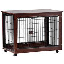 Load image into Gallery viewer, 39” Length Furniture Style Pet Dog Crate Cage End Table with Wooden Structure and Iron Wire and Lockable Caters, Medium and Large Dog House Indoor Use.