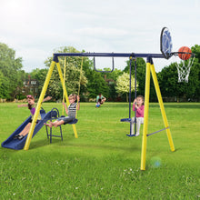 Load image into Gallery viewer, 5 in 1 Outdoor Tolddler Swing Set for Backyard, Playground Swing Sets with Steel Frame, Swing n\' Silde Playset for Kids with Seesaw Swing, Basketball Hoop