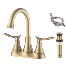 Load image into Gallery viewer, 2-Handle 4-Inch Brushed Gold Bathroom Faucet, Bathroom Vanity Sink Faucets with Pop-up Drain and Supply Hoses