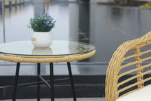 Load image into Gallery viewer, 3 Pieces Outdoor Patio Balcony Natural Yellow Wicker Chair Table Set with Beige Cushion and Tempered Glass Table Top