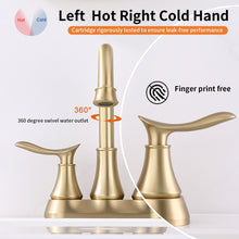 Load image into Gallery viewer, 2-Handle 4-Inch Brushed Gold Bathroom Faucet, Bathroom Vanity Sink Faucets with Pop-up Drain and Supply Hoses