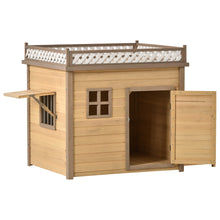 Load image into Gallery viewer, 39.4” Wooden Dog House Puppy Shelter Kennel Outdoor & Indoor Dog crate, with Flower Stand, Plant Stand, With Wood Feeder